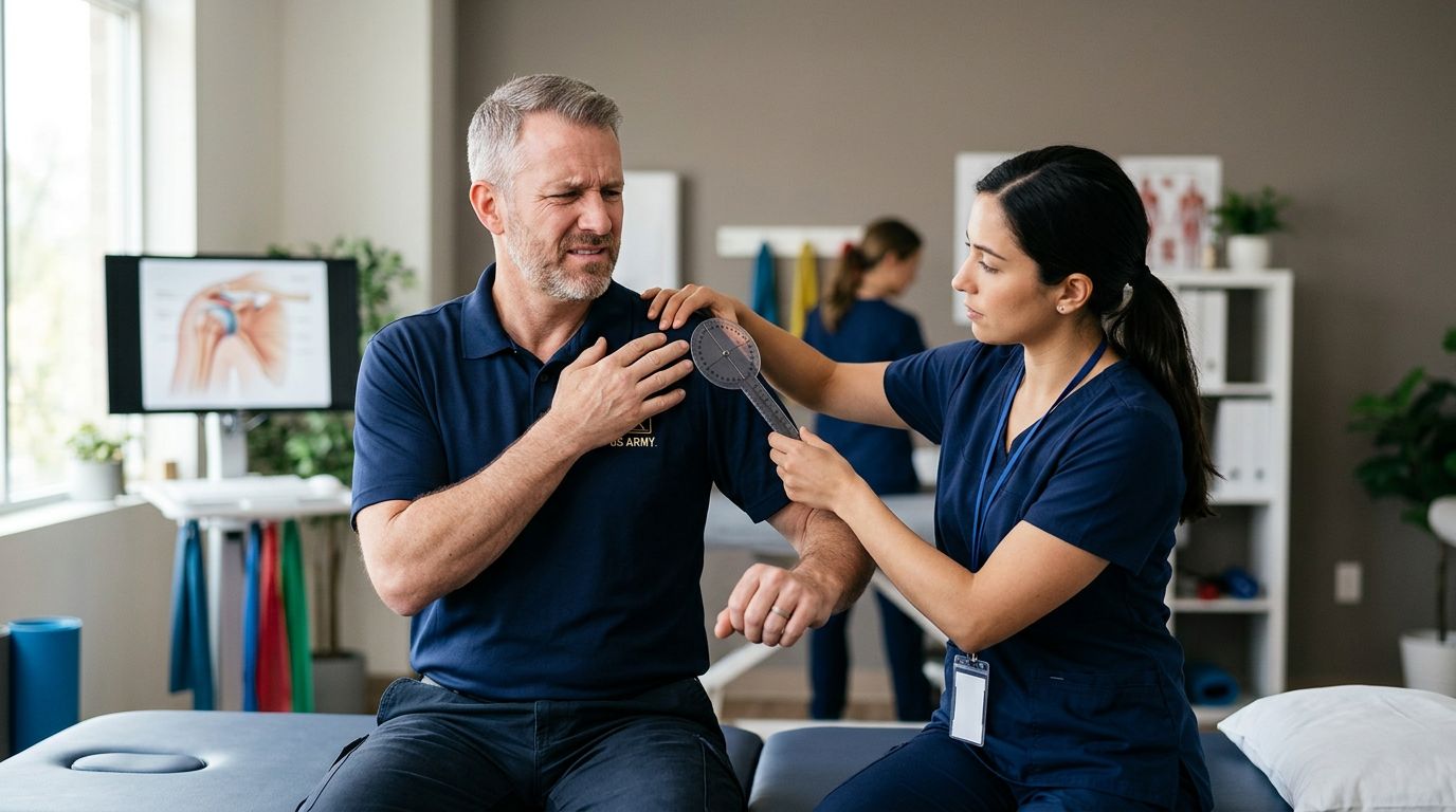 Veteran supporting one arm as a clinician measures shoulder movement in a therapy clinic.