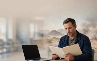 A veteran reviews medical documents beside a laptop with a clinic and smoky landscape in the background.