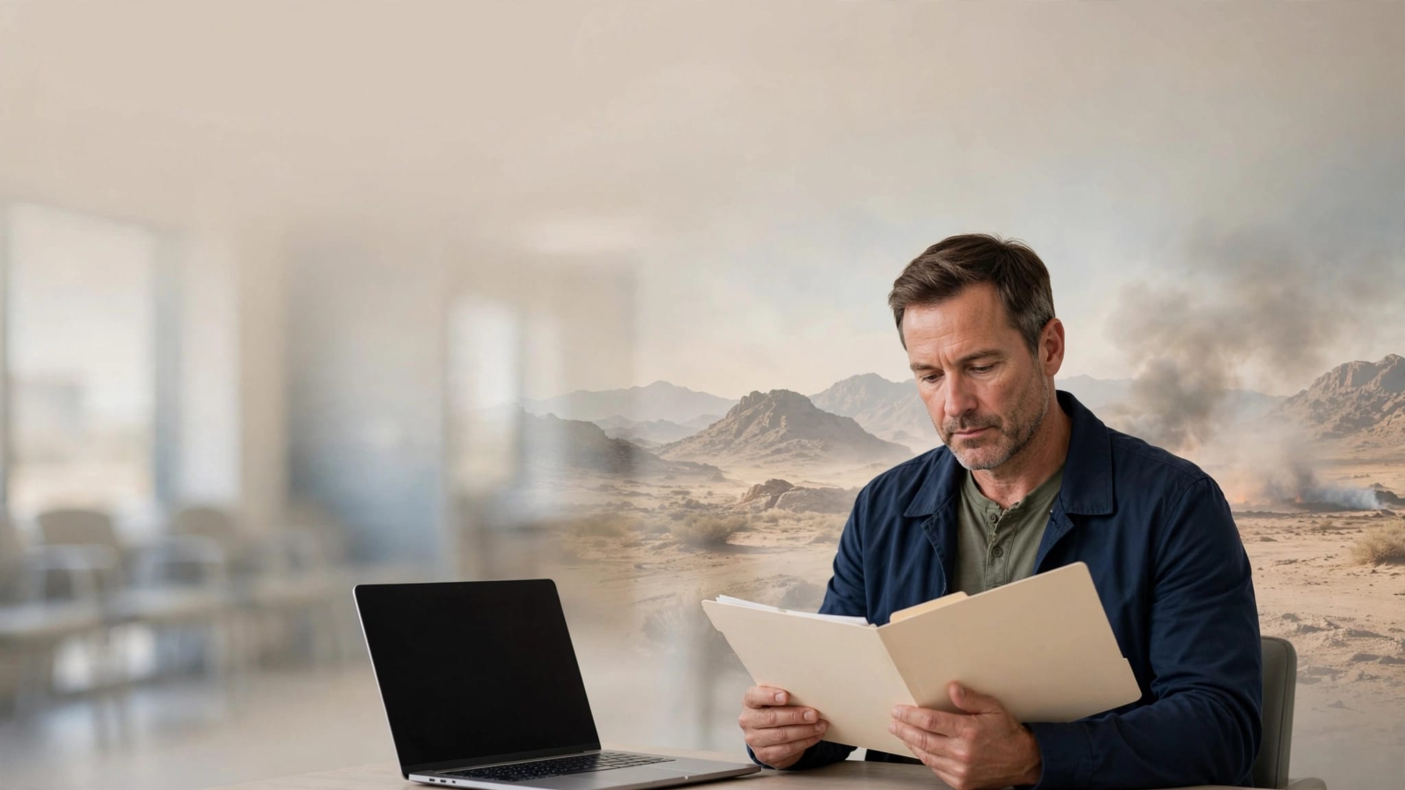 A veteran reviews medical documents beside a laptop with a clinic and smoky landscape in the background.