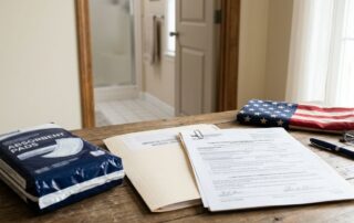 Medical paperwork, an absorbent pad package, and a bathroom doorway represent urinary incontinence evidence.