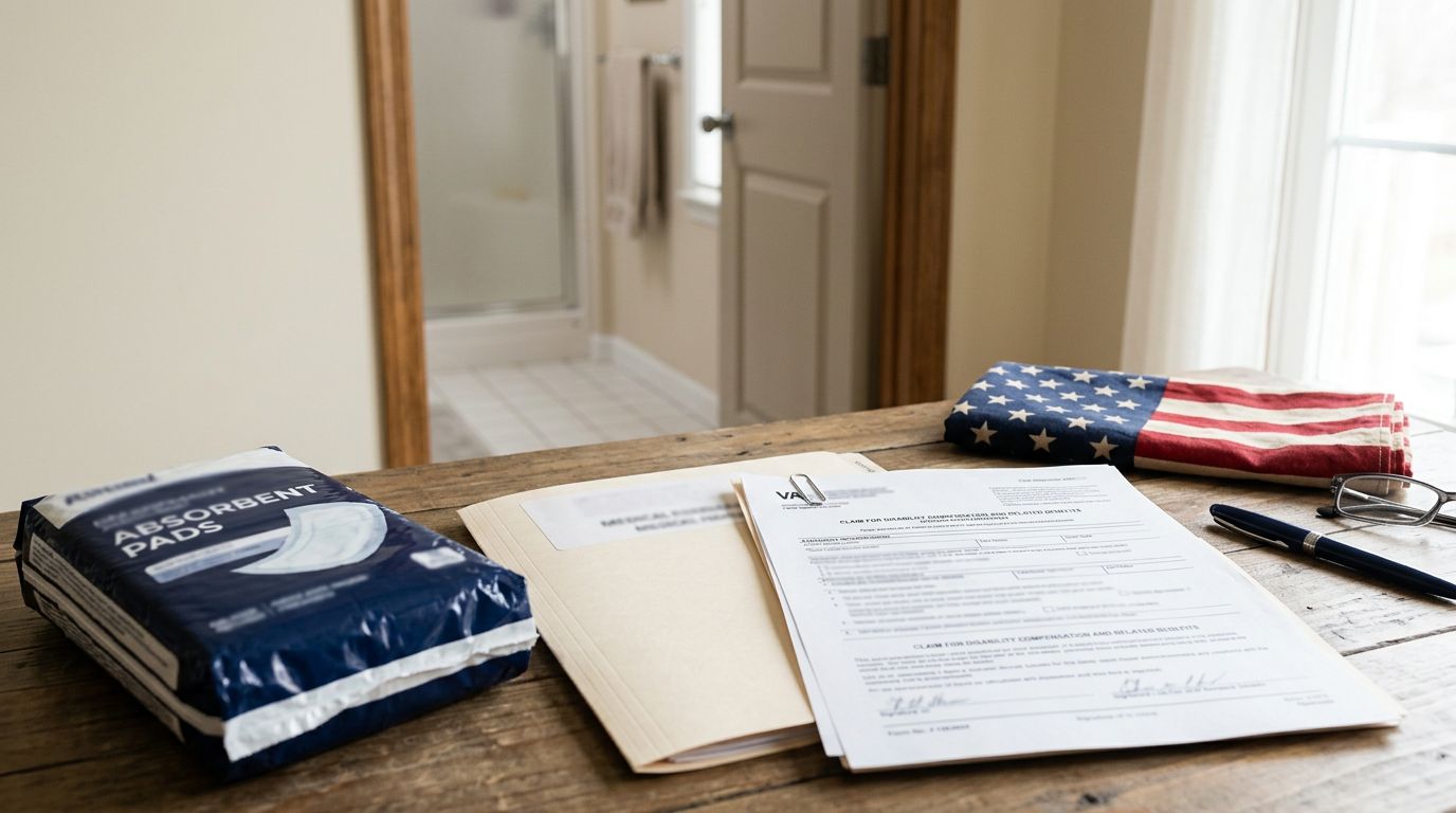 Medical paperwork, an absorbent pad package, and a bathroom doorway represent urinary incontinence evidence.