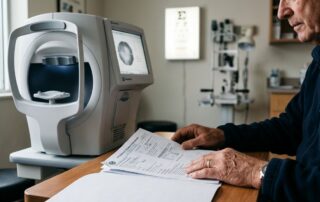 Hands review an eye report beside a visual-field testing device in a clinic.
