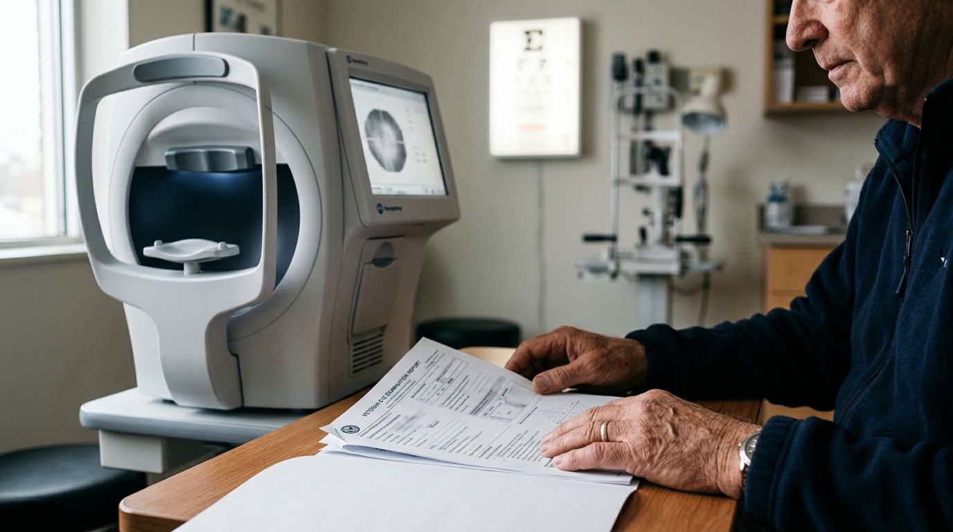 Hands review an eye report beside a visual-field testing device in a clinic.