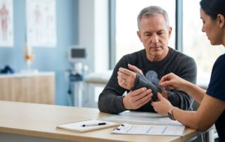 Veteran supports a braced wrist while a clinician checks its movement with a goniometer.
