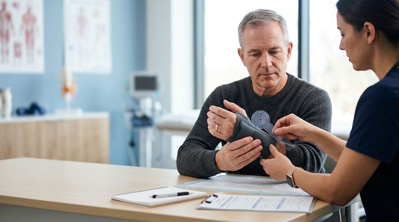 Veteran supports a braced wrist while a clinician checks its movement with a goniometer.