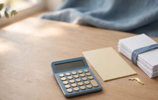 A calculator, paycheck papers, benefits statement, and Florida map accent on a clean desk.