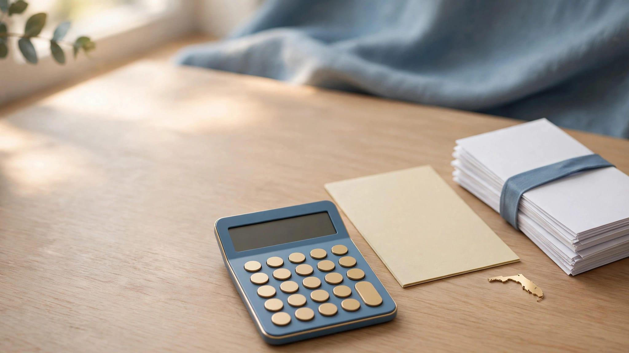 A calculator, paycheck papers, benefits statement, and Florida map accent on a clean desk.