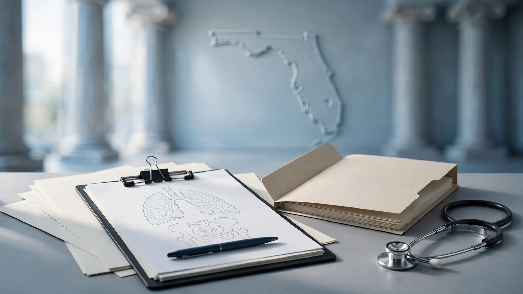 Medical records and a stethoscope sit beside a legal folder on a desk.