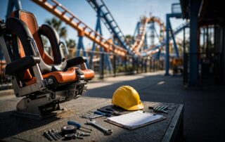 A roller coaster restraint, blank forms, tools, and hard hat sit on a maintenance platform.