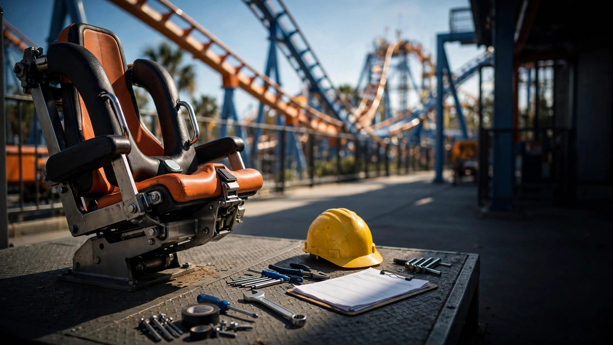 A roller coaster restraint, blank forms, tools, and hard hat sit on a maintenance platform.