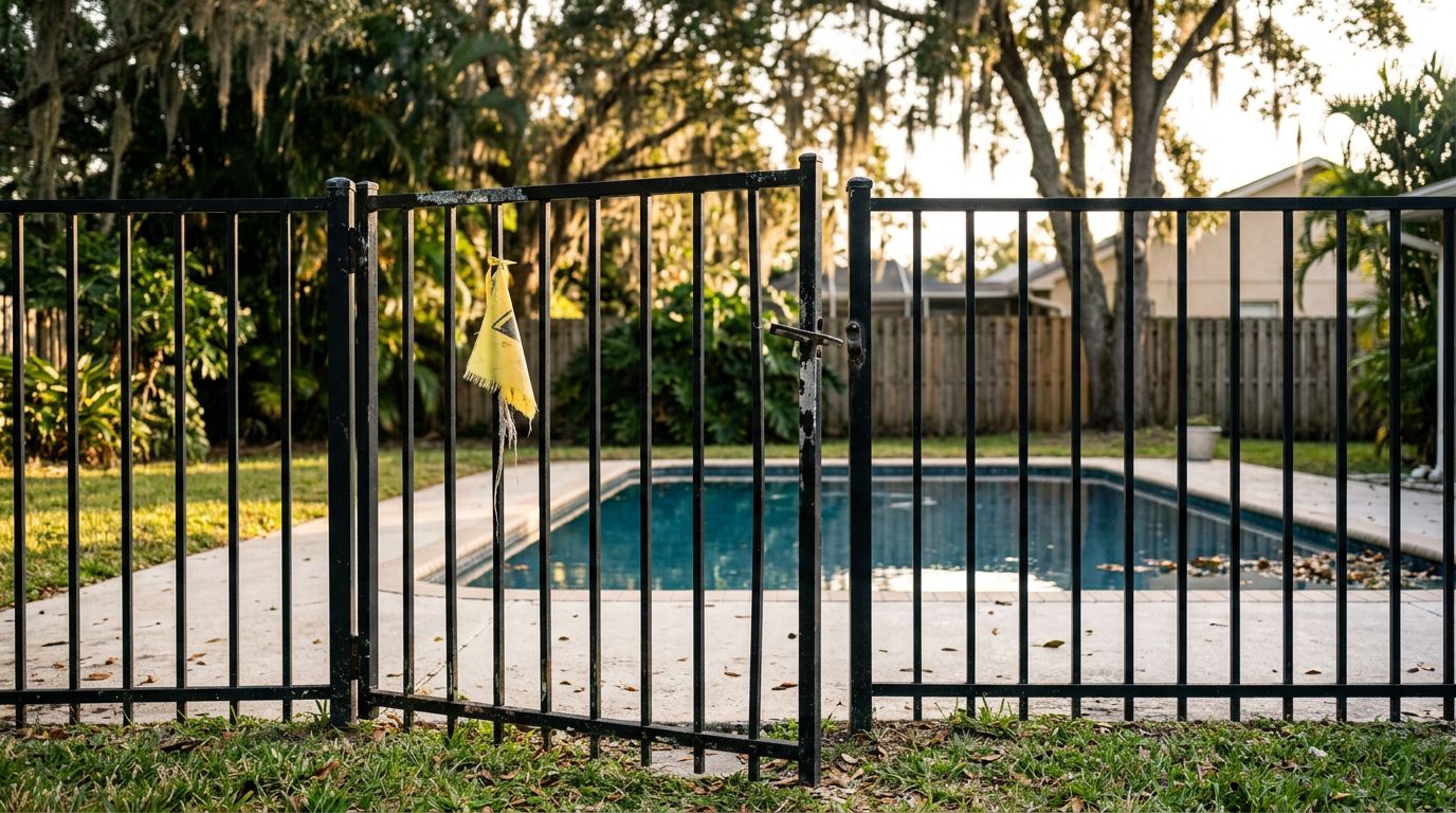 An open pool gate leads into a quiet suburban backyard.