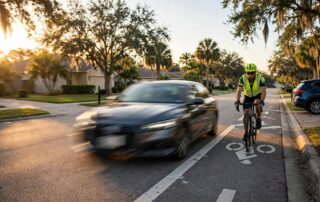 A cyclist in a bike lane passes close to a car on a suburban road.