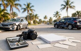 Damaged cars and accident documentation sit beside a sunny Florida intersection.