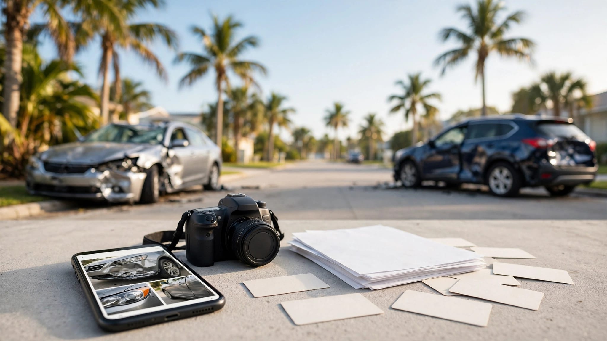 Damaged cars and accident documentation sit beside a sunny Florida intersection.