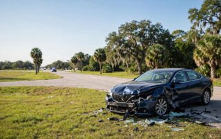 A damaged sedan is parked beside a sunny intersection as police lights approach.