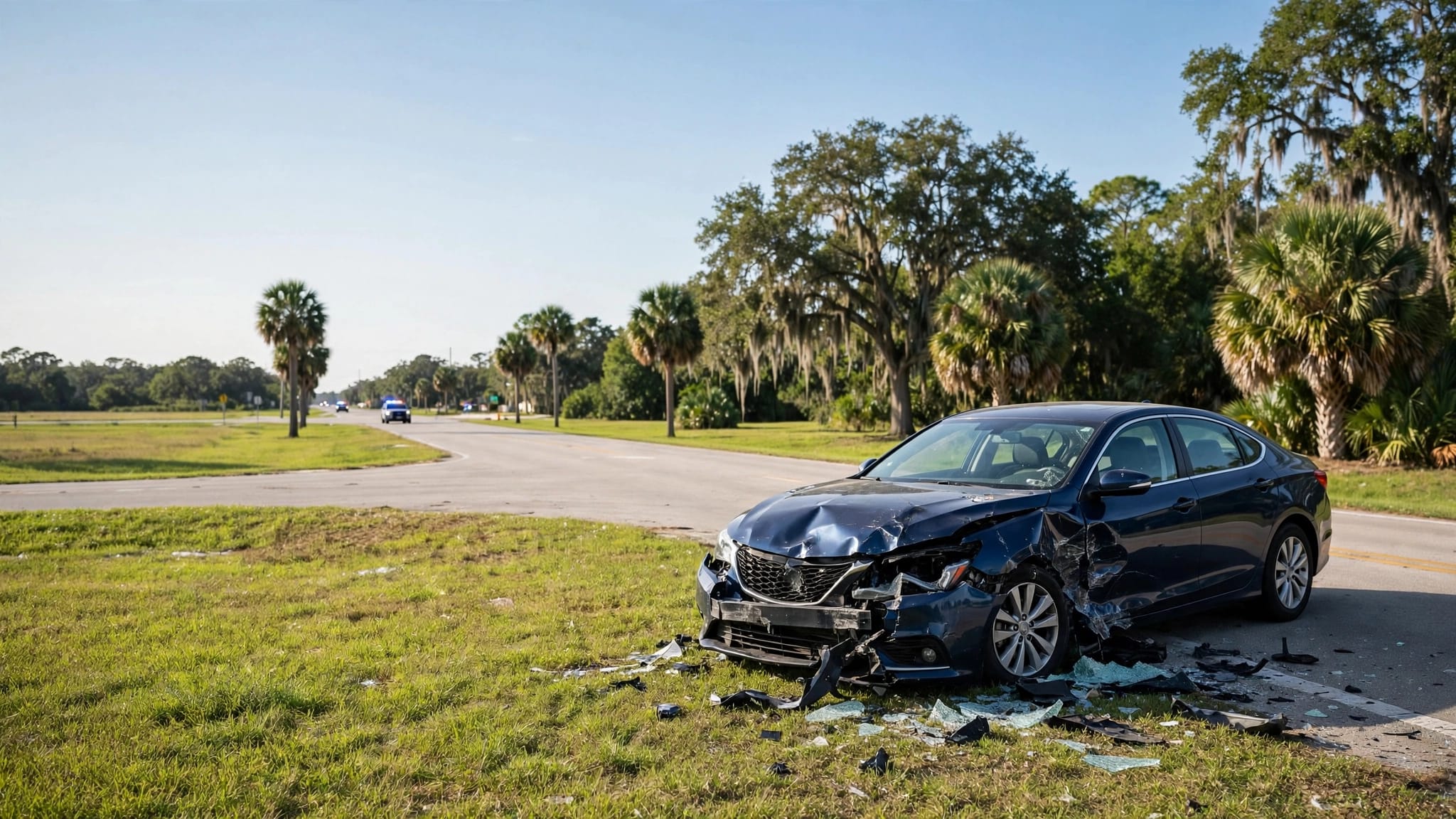 A damaged sedan is parked beside a sunny intersection as police lights approach.