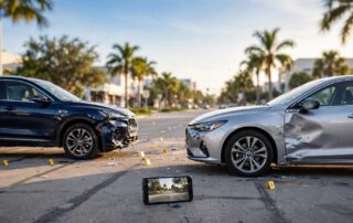 Two damaged cars and evidence markers at a sunny Florida intersection beside a phone showing dashcam video.