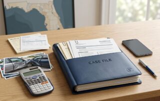 An accident claim folder with bills, records, photos, a calculator, phone, and pen on a desk.