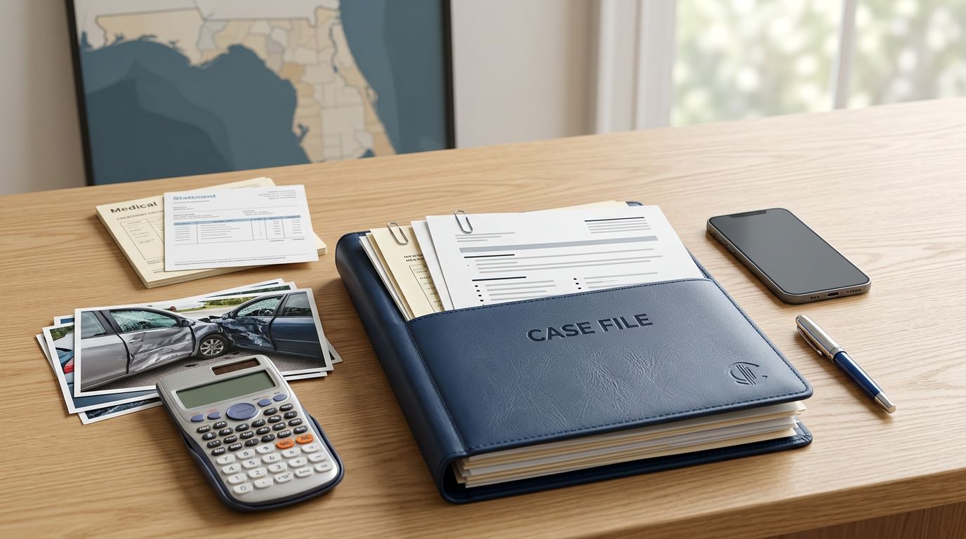 An accident claim folder with bills, records, photos, a calculator, phone, and pen on a desk.