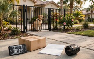Leashed dog behind a gate with a phone, package, work order, and camera nearby.