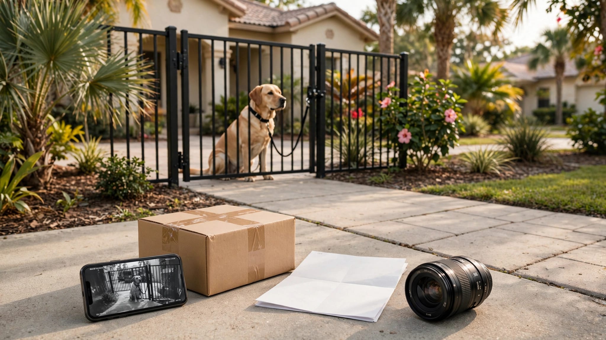 Leashed dog behind a gate with a phone, package, work order, and camera nearby.
