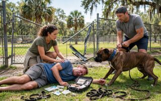 A bystander helps an injured person near a restrained dog and broken park gate.