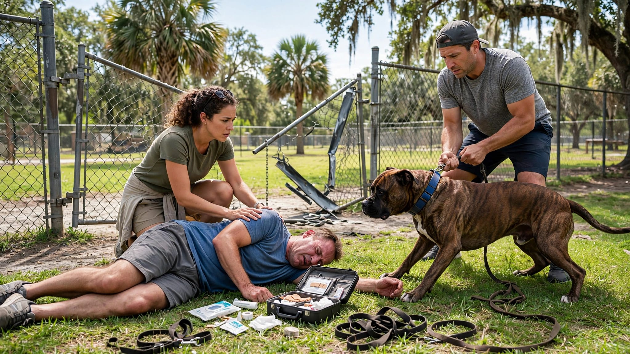A bystander helps an injured person near a restrained dog and broken park gate.