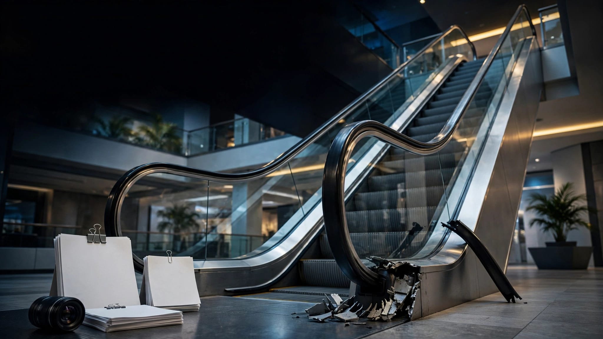 A damaged mall escalator beside maintenance reports and a security camera lens.