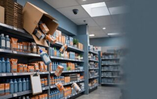 A box tips from a high shelf while products fall in a brightly lit store aisle.
