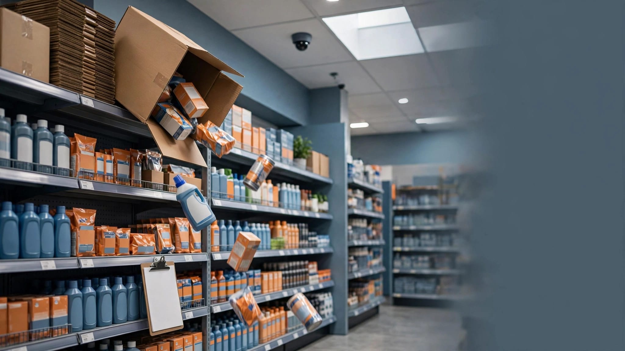 A box tips from a high shelf while products fall in a brightly lit store aisle.