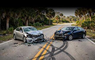 Two damaged cars sit near the centerline of a sunny Florida highway.