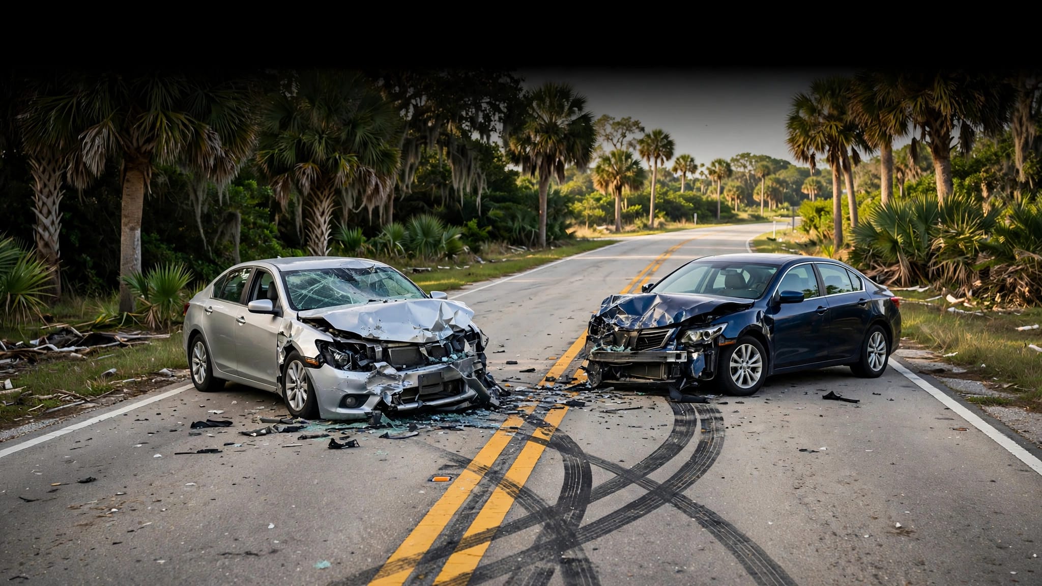 Two damaged cars sit near the centerline of a sunny Florida highway.