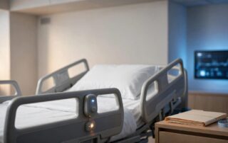Empty hospital bed with safety rails, call button, alarm indicator, chart, and wristband.