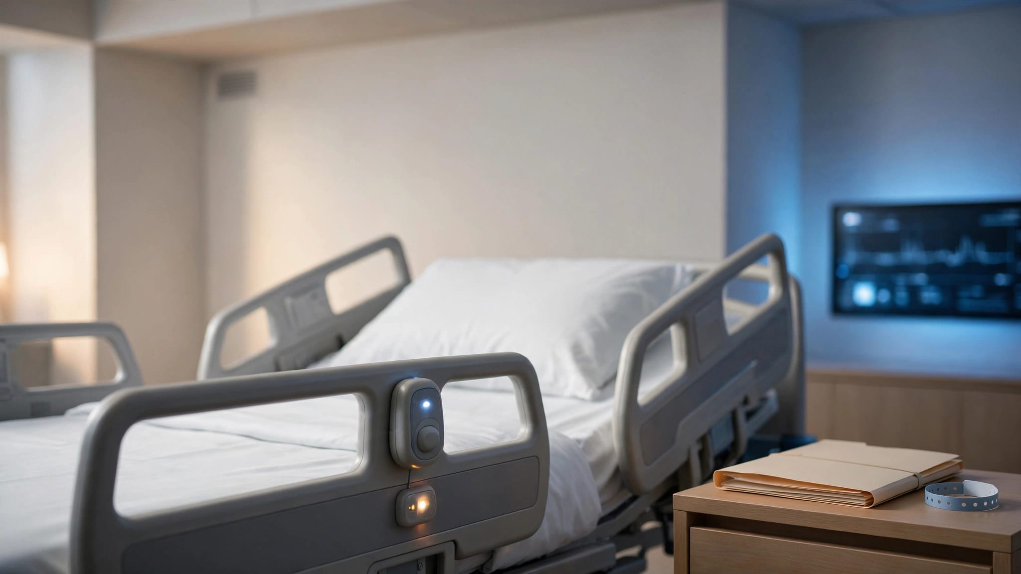 Empty hospital bed with safety rails, call button, alarm indicator, chart, and wristband.