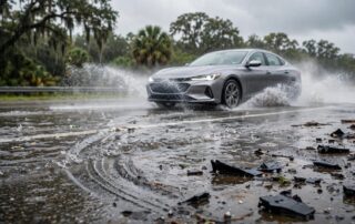 A sedan sprays water while driving across a rain-soaked Florida highway.