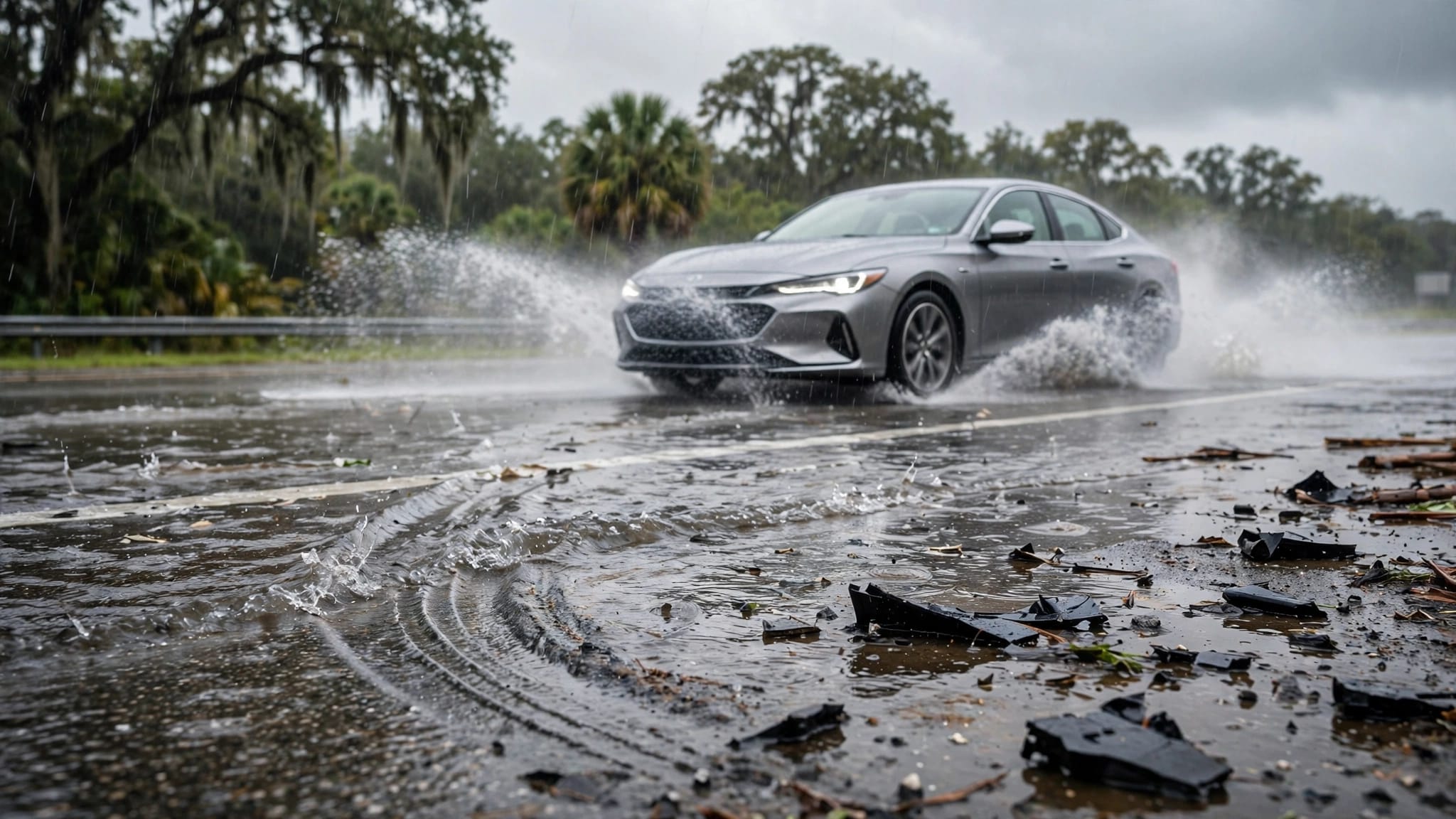 A sedan sprays water while driving across a rain-soaked Florida highway.