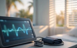 A hospital monitor sits beside an unused pulse oximeter and blood-pressure cuff.