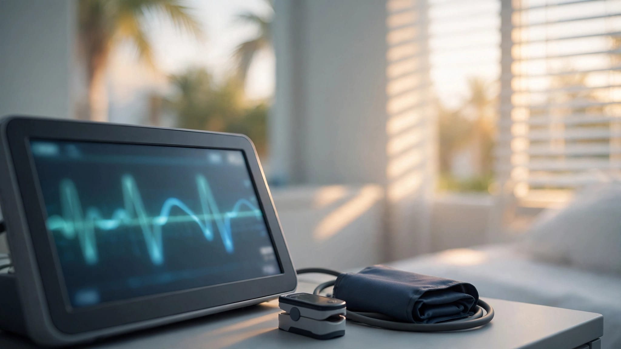A hospital monitor sits beside an unused pulse oximeter and blood-pressure cuff.