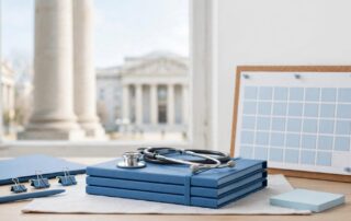 Legal desk with medical records, a stethoscope, calendar, and courthouse view.