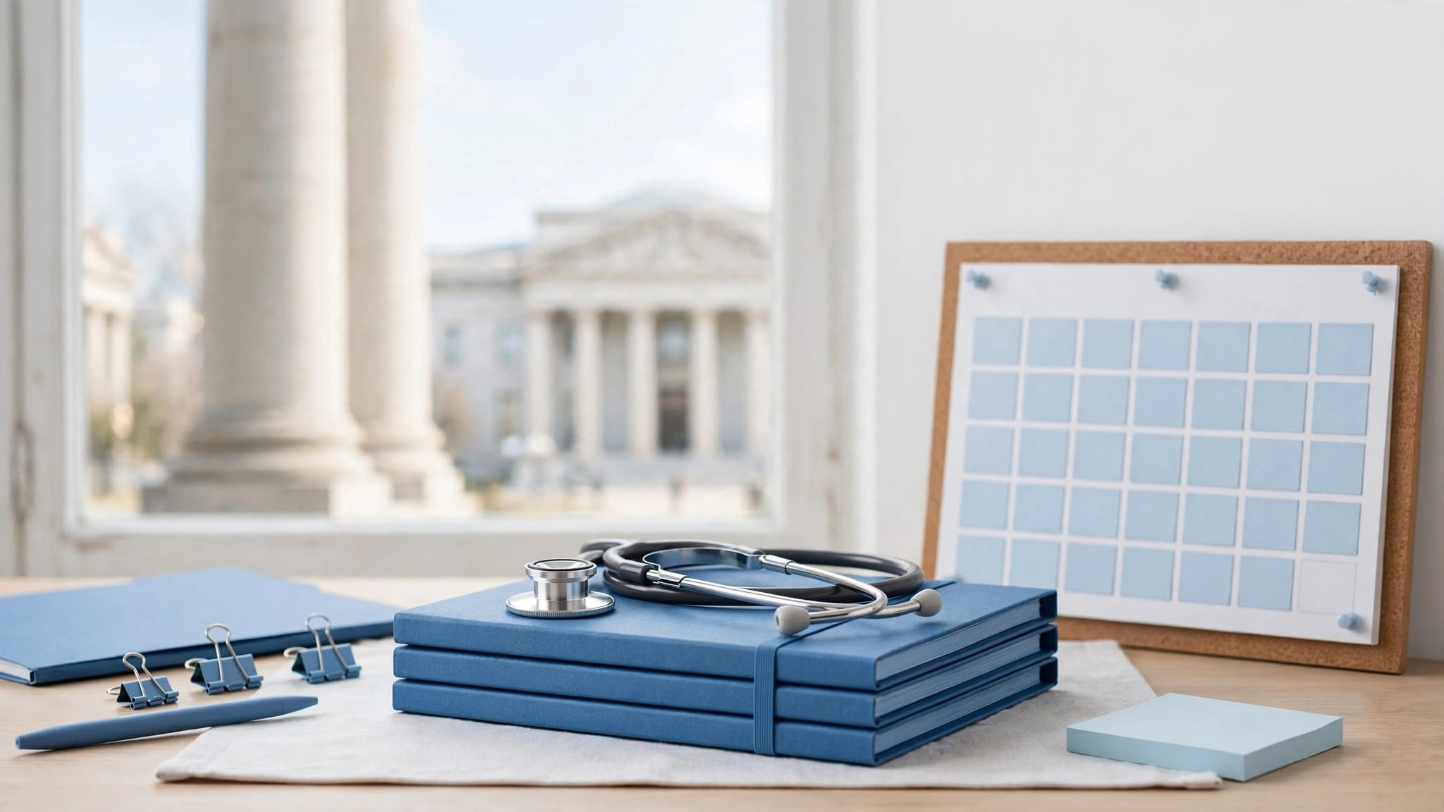 Legal desk with medical records, a stethoscope, calendar, and courthouse view.