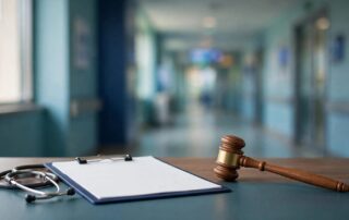 A medical chart and stethoscope sit beside a judge’s gavel on a desk.
