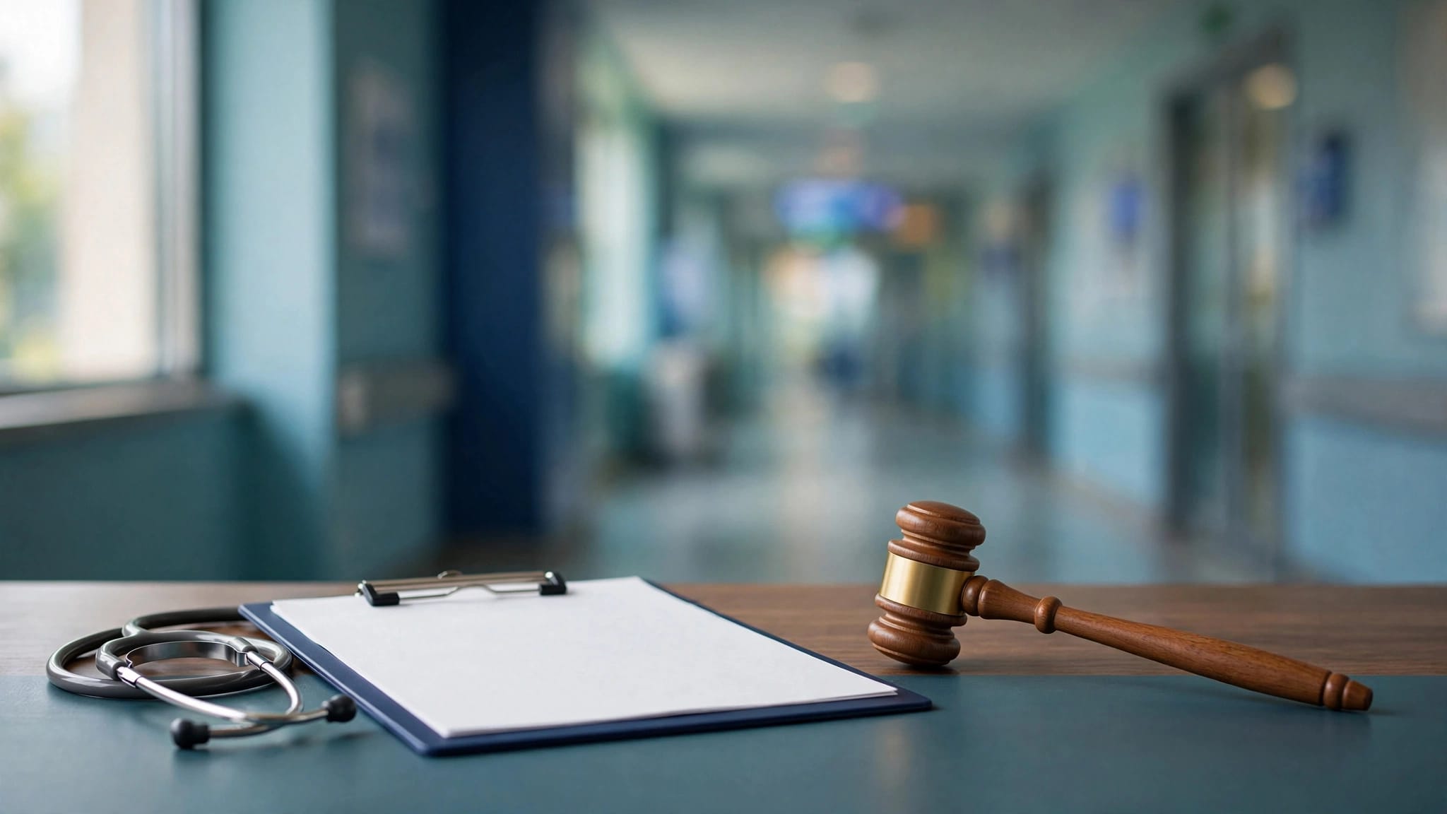 A medical chart and stethoscope sit beside a judge’s gavel on a desk.