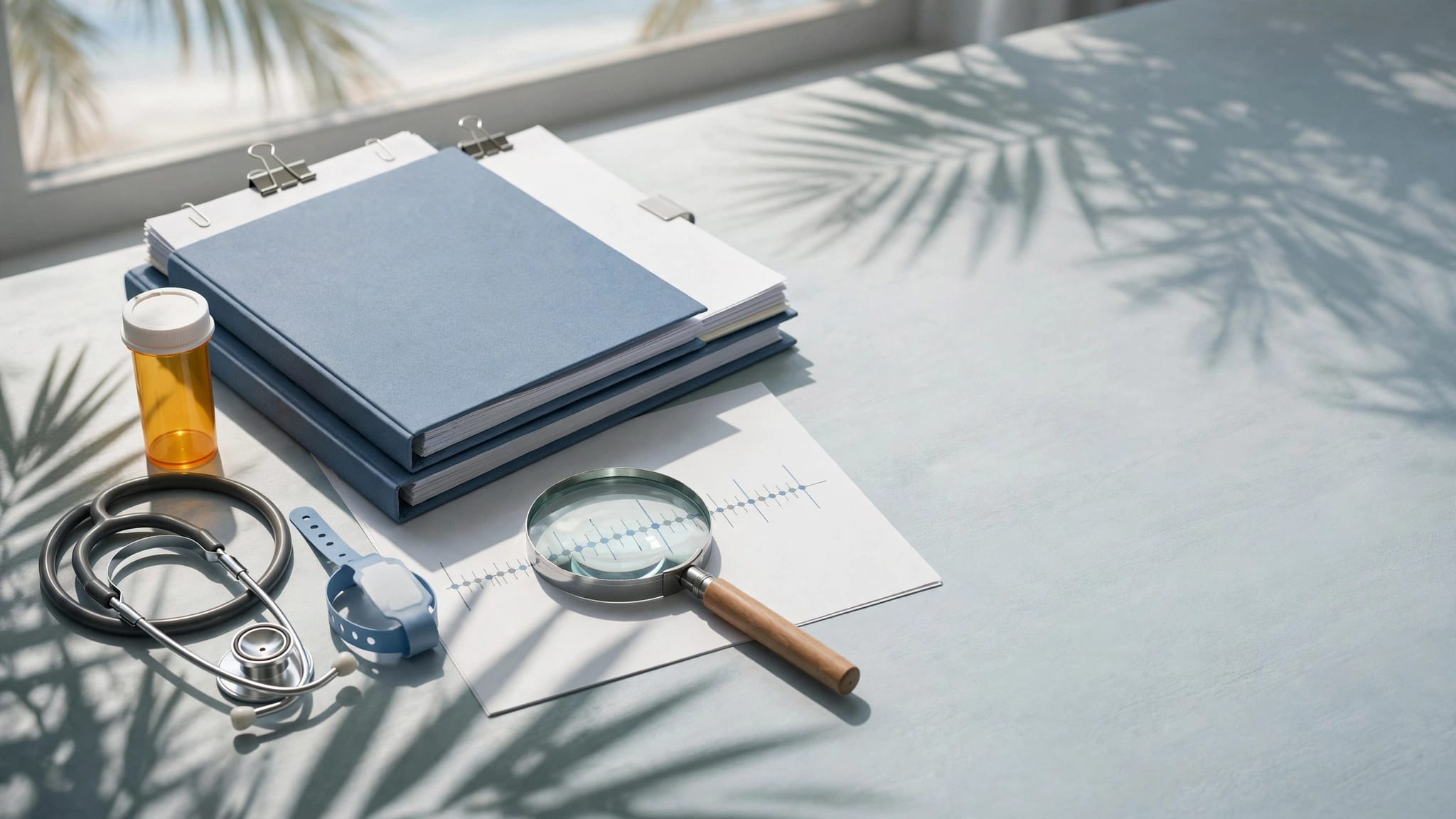 Medical folders, a prescription bottle, stethoscope, wristband, and magnifying glass on a desk.