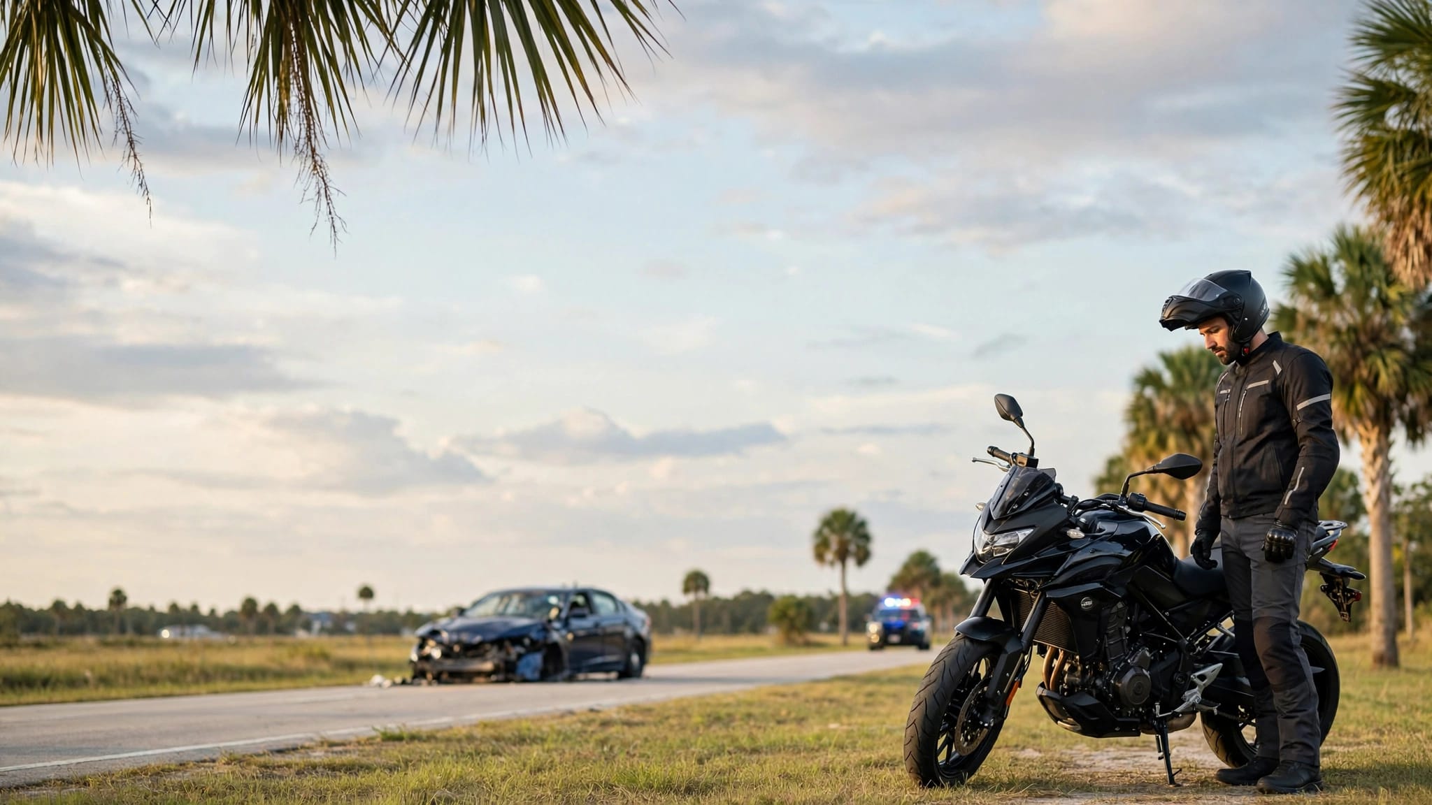 Helmeted rider beside a motorcycle near a damaged sedan on a Florida roadside.
