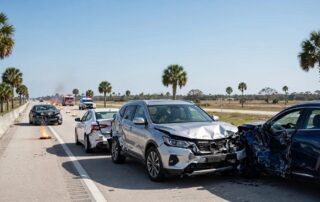 Four damaged cars stopped in a Florida highway pileup with emergency vehicles behind them.