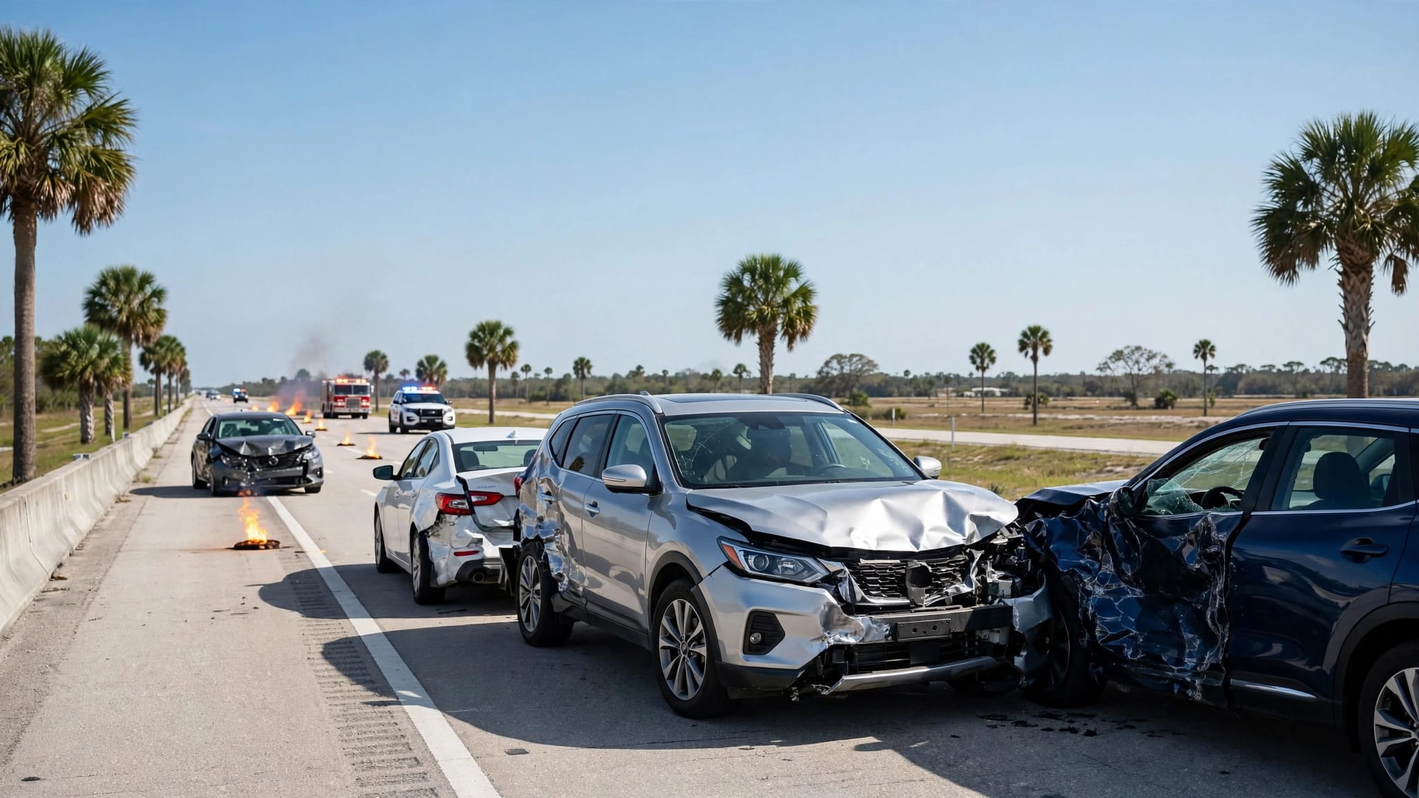 Four damaged cars stopped in a Florida highway pileup with emergency vehicles behind them.