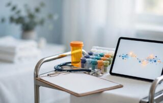 Medication cups, a prescription bottle, stethoscope, and blank chart beside a tablet.