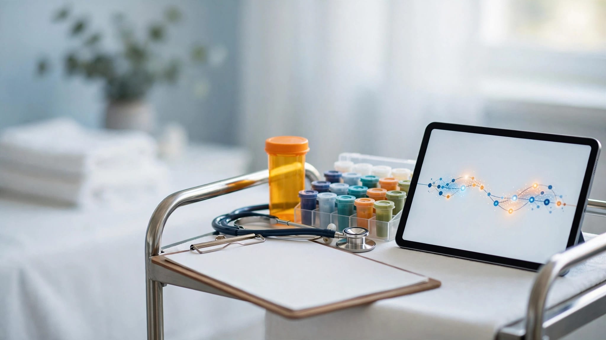 Medication cups, a prescription bottle, stethoscope, and blank chart beside a tablet.