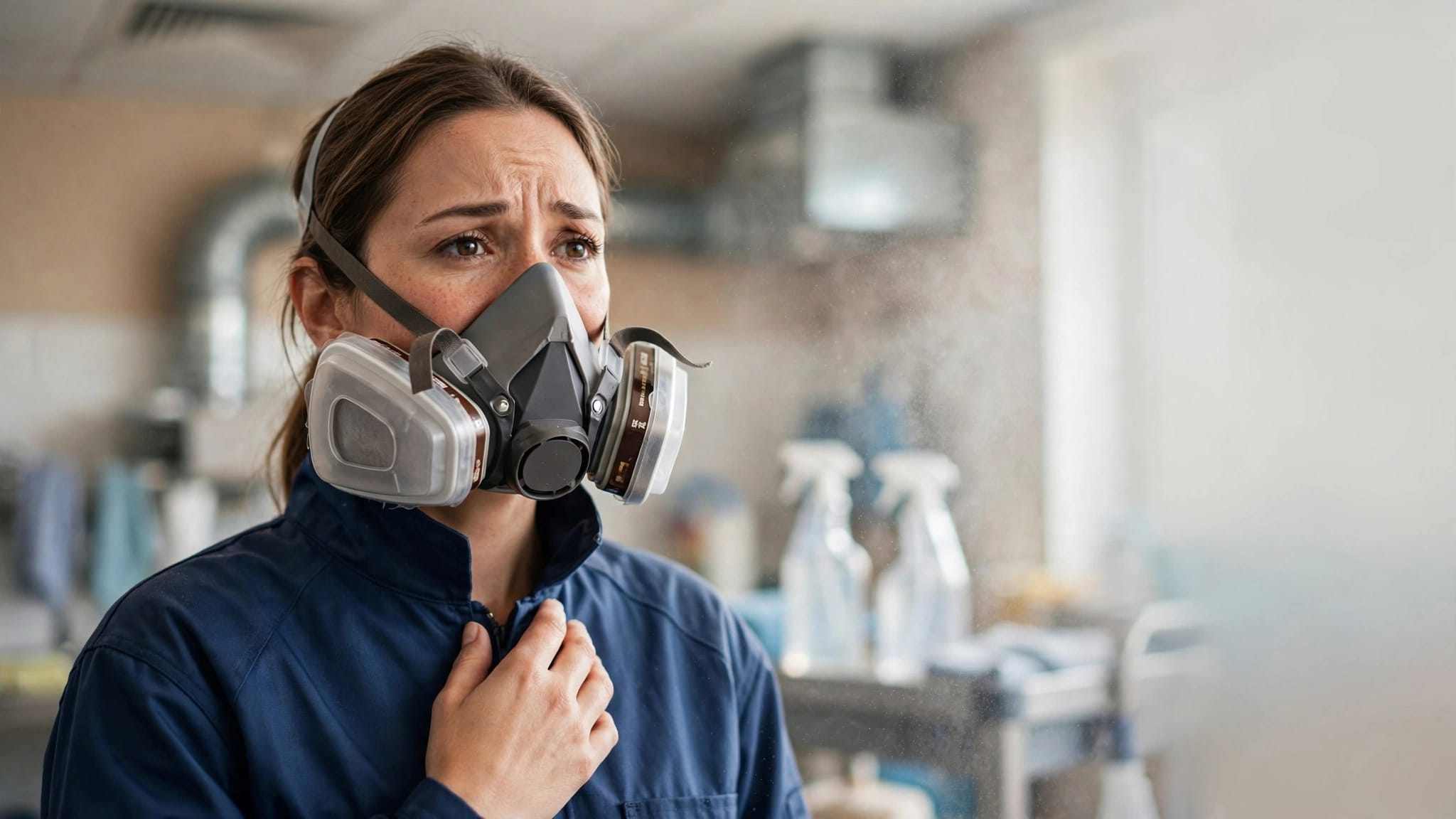 A concerned cleaner wearing a respirator in a commercial workplace.