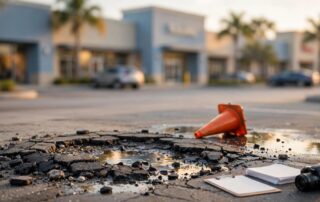 A pothole, warning cone, and maintenance documents sit beside a Florida shopping-center parking lot.